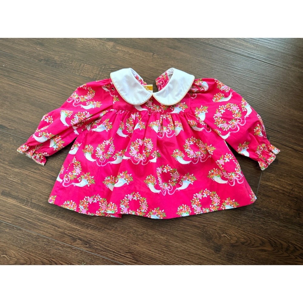 Beaufort Bonnet Company Red Floral Wreath Peter Pan Collar Top 0-6M